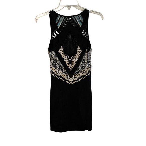 Womens Free People Out Of Africa Black Bodycon Dress XS Tribal Mesh Cutout Batik - Picture 2 of 10